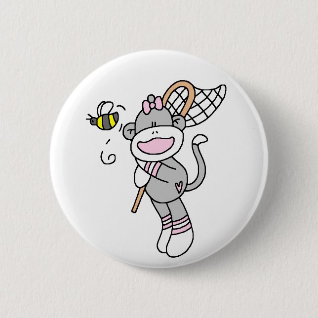 Sock Monkey Catching Bugs Pinback Button (Front)