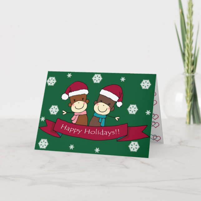 Sock Monkey Christmas Greeting Card (Front)