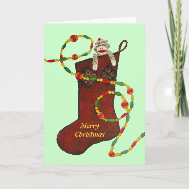 Sock Monkey Christmas Stocking Card (Front)