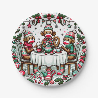 Sock Monkey Christmas Tea Party Paper Plates