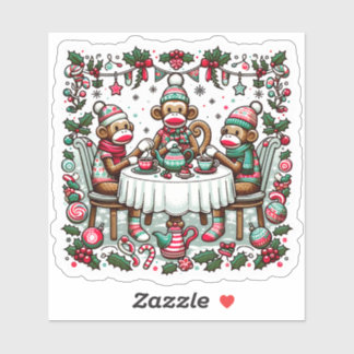 Sock Monkey Christmas Tea Party Sticker