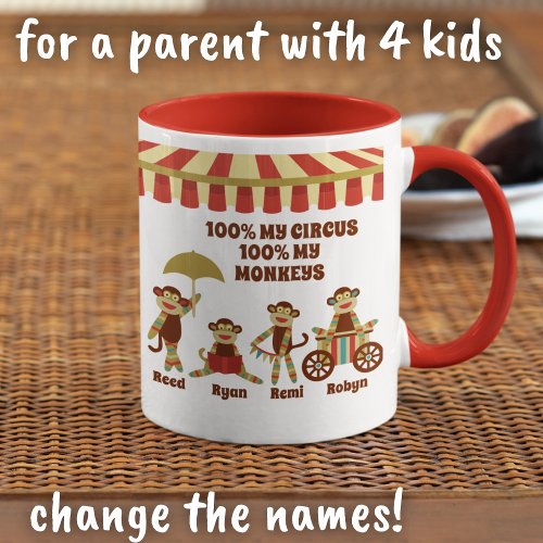 Sock Monkey Circus 4 Kids Names Parent Gift Mug