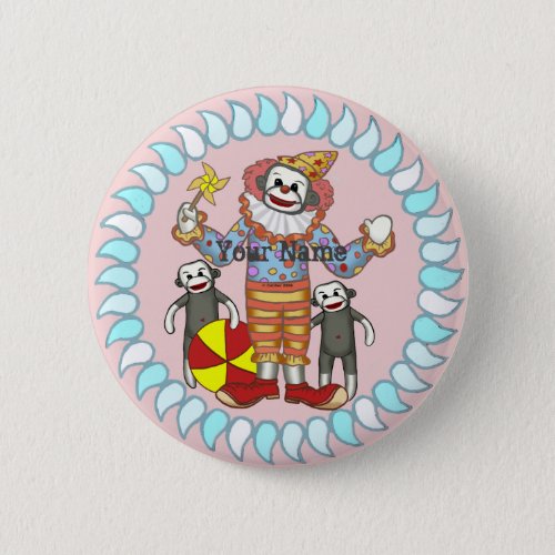 Sock Monkey Clown custom name  pin button