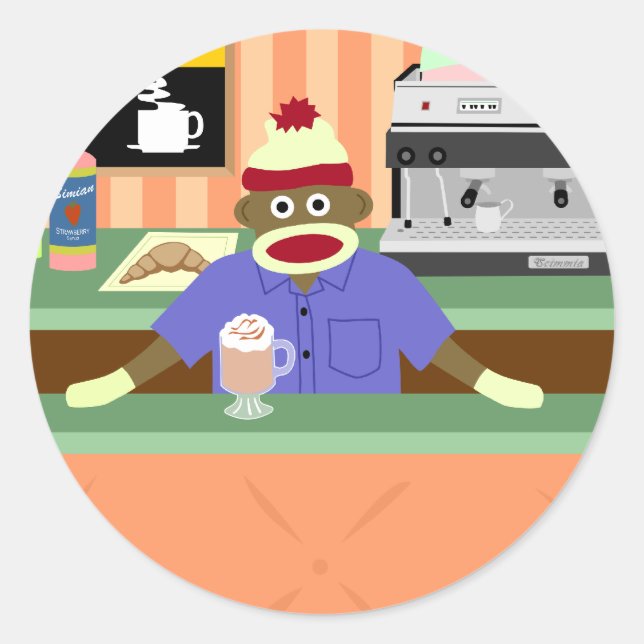 Sock Monkey Coffee Shop Barista Classic Round Sticker (Front)