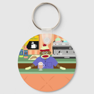 Sock Monkey Coffee Shop Barista Keychain