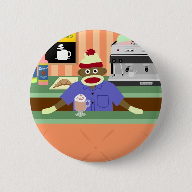 Sock Monkey Coffee Shop Barista Pinback Button (Front)