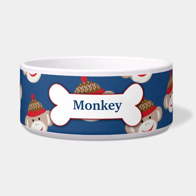Sock Monkey Custom Pet Dog Food Bowl - Blue (Front)