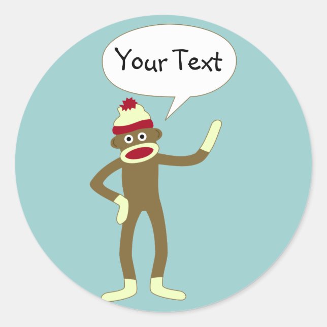 Sock Monkey Customizable Comic Speech Bubble Classic Round Sticker (Front)