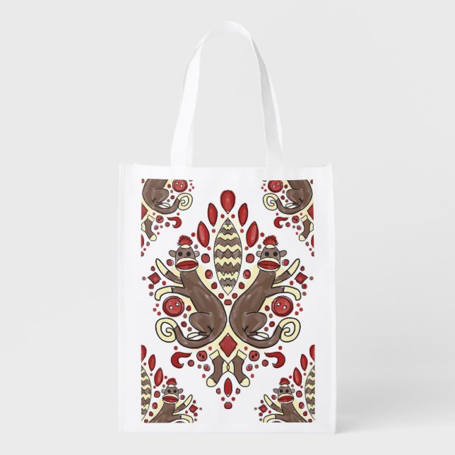 sock monkey damask reusable tote bag (Front)