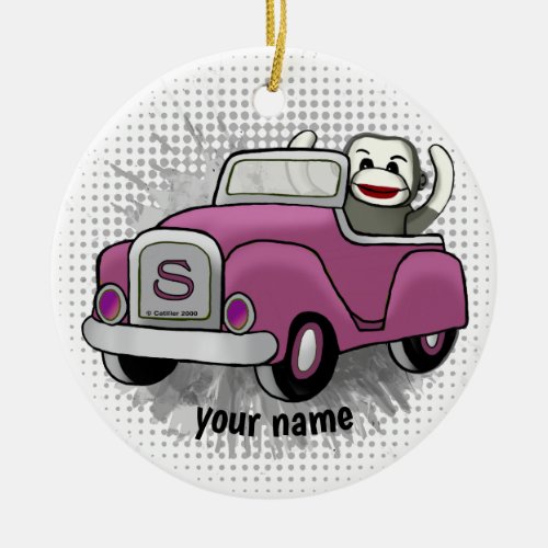 Sock Monkey Driving Car custom name ornament