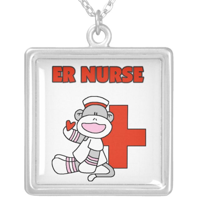 Sock Monkey ER Nurse T-shirts and Gifts Silver Plated Necklace (Front)