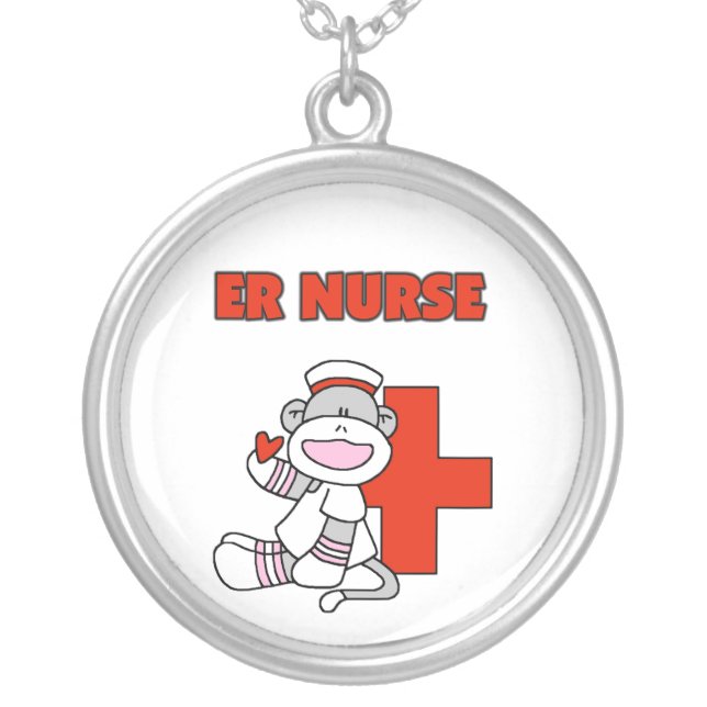 Sock Monkey ER Nurse T-shirts and Gifts Silver Plated Necklace (Front)