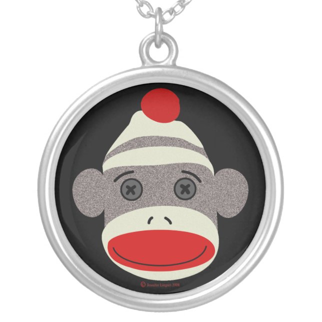 Sock Monkey Face Silver Plated Necklace (Front)