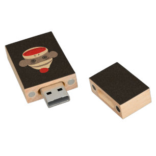 Sock Monkey Face Wood USB Flash Drive