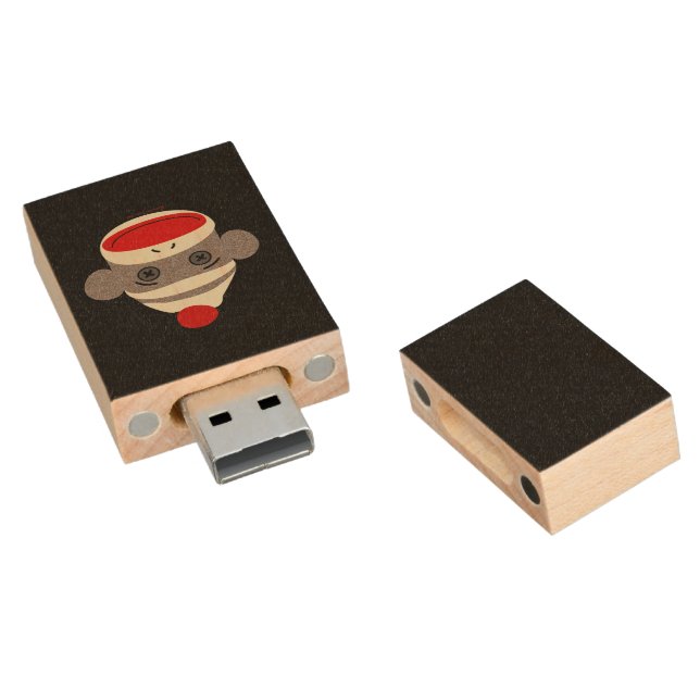 Sock Monkey Face Wood USB Flash Drive (Angled)