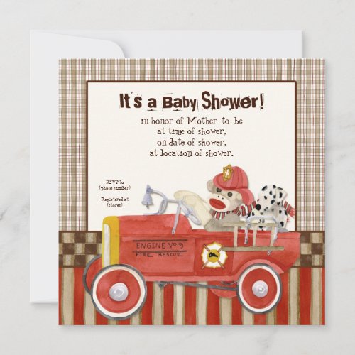 Sock Monkey Fire Truck Boy Baby Shower Invitation