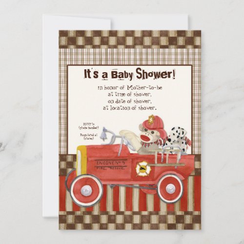 Sock Monkey Fire Truck Boy Baby Shower Invitation