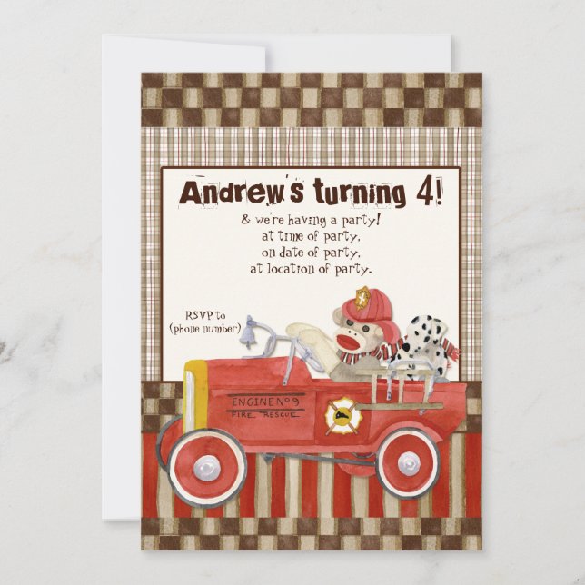 Sock Monkey, Fire Truck Boy Birthday Party Invite (Front)