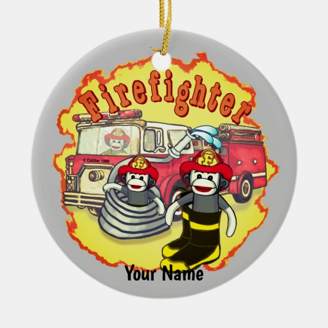 Sock Monkey  Firetruck Firefighter  Ceramic Ornament (Front)