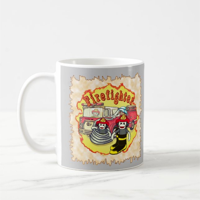 Sock Monkey  Firetruck Firefighter  Coffee Mug (Left)