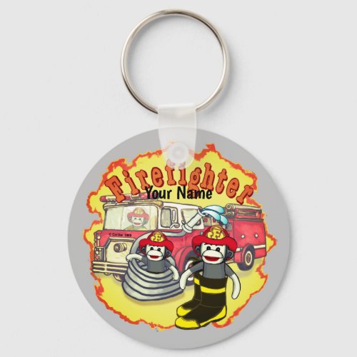 Sock Monkey  Firetruck Firefighter custom name Keychain