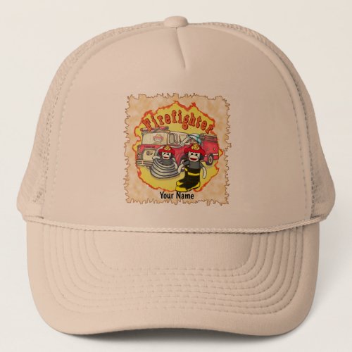 Sock Monkey  Firetruck Firefighter custom name Trucker Hat