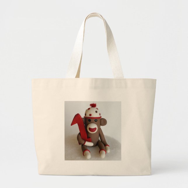 Sock Monkey First Birthday Large Tote Bag (Front)