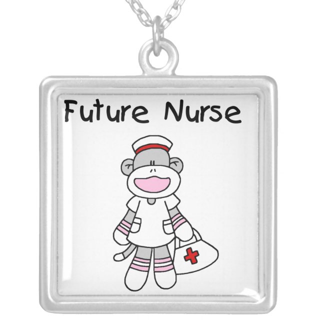 Sock  Monkey Future Nurse T-shirts and Gifts Silver Plated Necklace (Front)