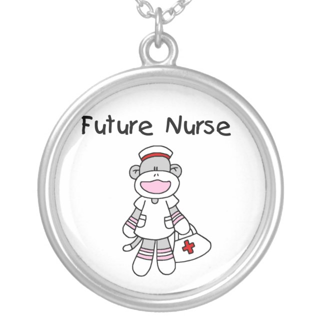 Sock  Monkey Future Nurse T-shirts and Gifts Silver Plated Necklace (Front)