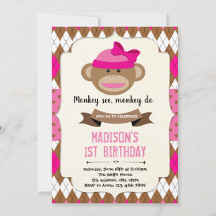 Sock monkey girl birthday invitation