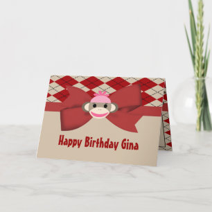 Sock Monkey Girl Gingham Birthday Party Card