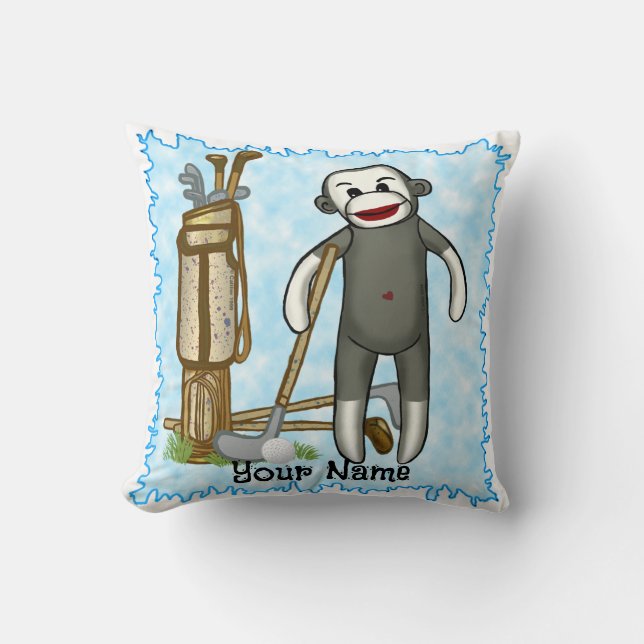 Sock Monkey Golfer golf Throw Pillow (Front)