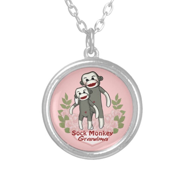 Sock Monkey Grandma Silver Plated Necklace (Front)