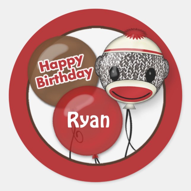 SOCK MONKEY "Happy Birthday" Round sticker SMR #2 (Front)