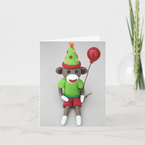 Sock Monkey Happy Birthday with Red Balloon Card