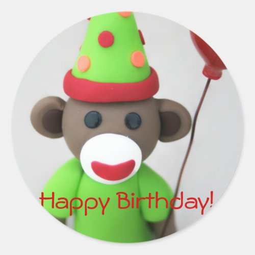 Sock Monkey Happy Birthday with Red Balloon Classic Round Sticker