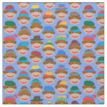 Sock Monkey Heads with caps on Blue Fabric
