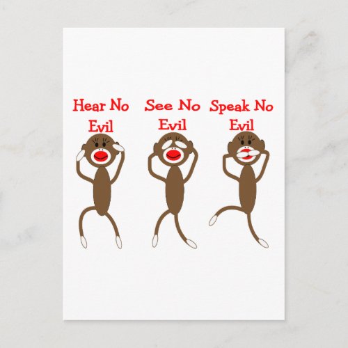 Sock Monkey__Hear Speak See NO EVIL Postcard