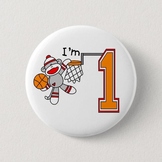 Sock Monkey Hoops 1st Birthday Button (Front)