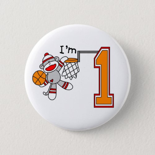 Sock Monkey Hoops 1st Birthday Button