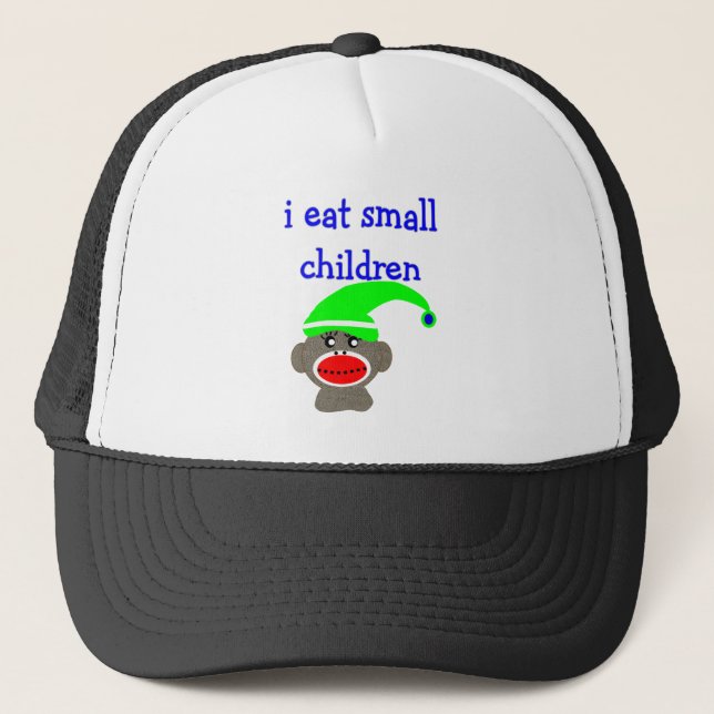 Sock Monkey "I EAT SMALL CHILDREN" Trucker Hat (Front)