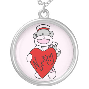 Sock Monkey I Love Nursing T-shirts and Gifts Silver Plated Necklace