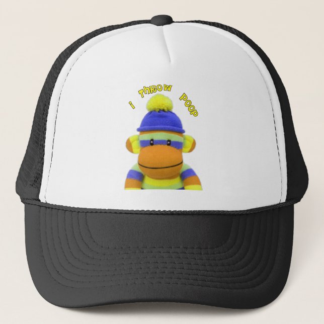 Sock Monkey "I Throw Poop" Design--Adorable Trucker Hat (Front)