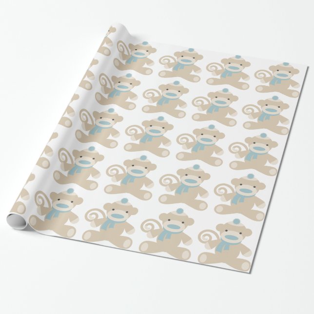 Sock Monkey in Blue Wrapping Paper (Unrolled)