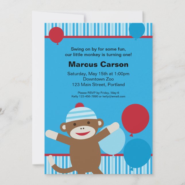 Sock Monkey Invitation - Blue (Front)
