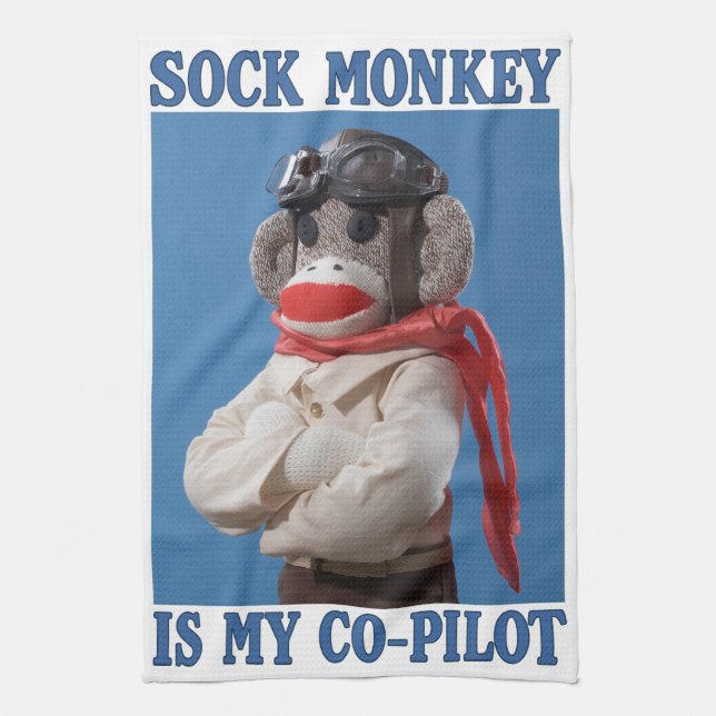 Sock Monkey is my Co-Pilot Kitchen Towel (Vertical)