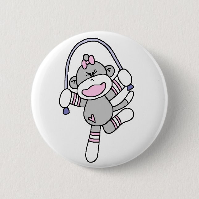 Sock Monkey Jumping Rope Pinback Button (Front)