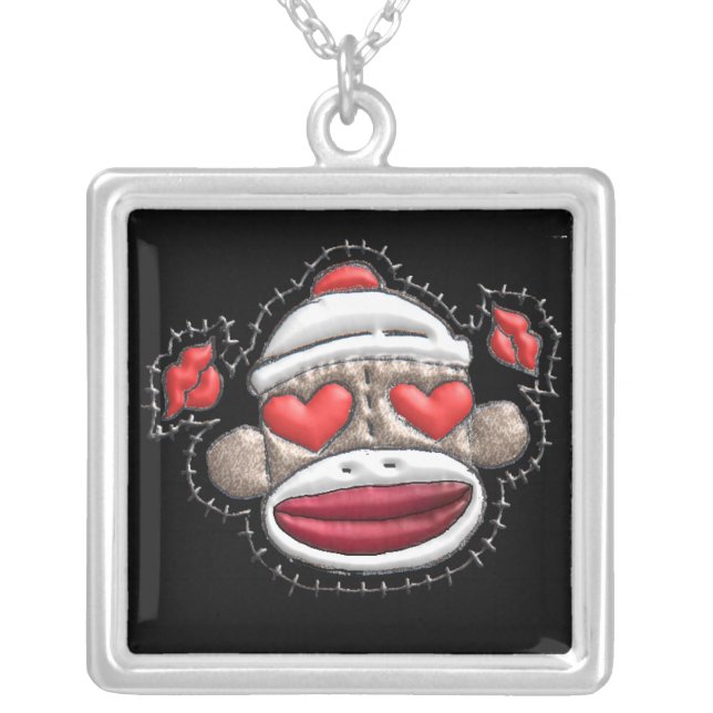 Sock Monkey Love Gift Sterling Silver Necklace (Front)