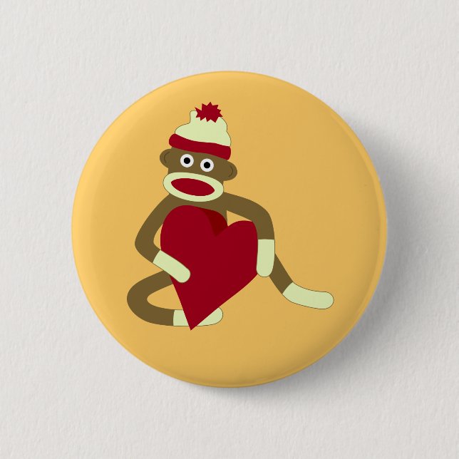 Sock Monkey Love Heart Pinback Button (Front)