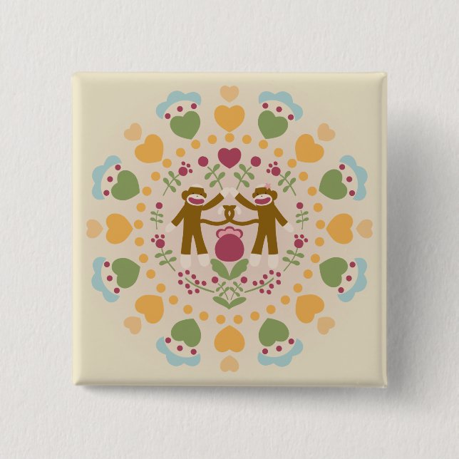 Sock Monkey Lovers in a Folk Garden Button (Front)